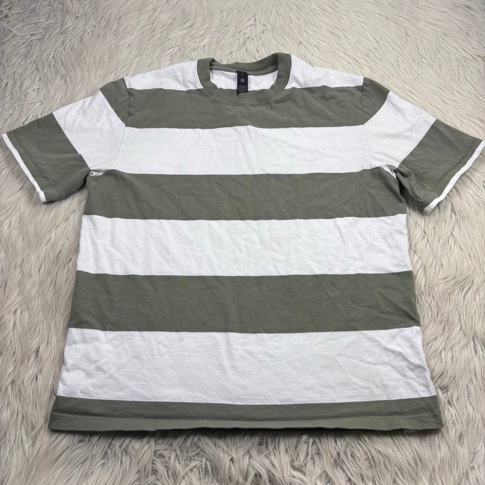 Lululemon Men's S Heavyweight Cotton Jersey T-Shirt Green White Stripe Relaxed